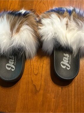 Jas Faux Fur Slide Slippers in White and Brown